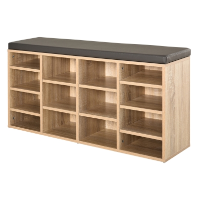 HOMCOM PU Leather 14-Compartment Shoe Storage Bench Brown/Oak