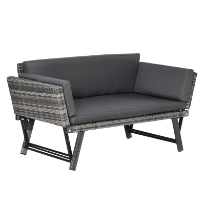 Outsunny 2-Seater Rattan Folding Daybed Sofa Bench Garden Chaise Lounger Loveseat with Cushion Outdoor Patio Grey