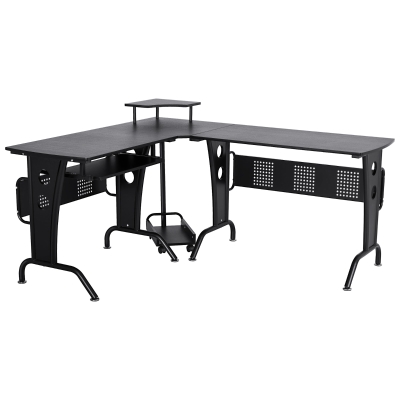 HOMCOM 86.5H x 170L x 140Wcm Steel MDF Top L-Shaped Corner Desk w/ Keyboard Tray - Black