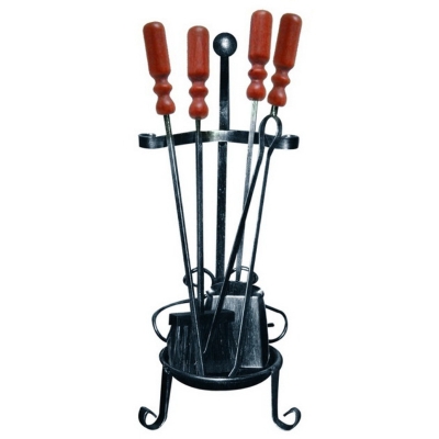Set 4 pz accessori per camino in ferro con manici in legno 27x65H