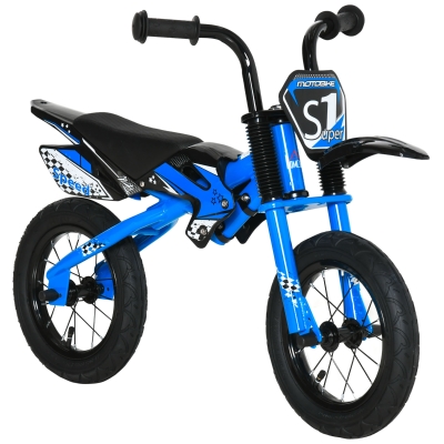 HOMCOM 12" Kids Balance Bike, No Pedal Training Bicycle, Motorbike Look, Steel Frame, with Air Filled Tires, Handlebar, PU Seat, for 3-6 Years Old, Blue