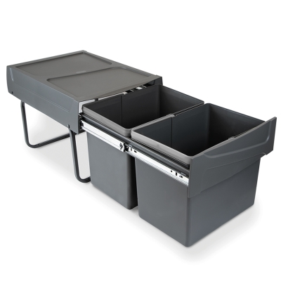 Emuca Pattumiere per raccolta differenziata per cucina, 2 x 15 L, fissaggio inferiore ed estrazione manuale., Plastica grigio antracite
