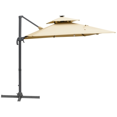 Outsunny 3m Cantilever Parasol, Outdoor Offset Patio Umbrella, Solar LED Lighted Hanging Sun Shade Canopy with Tilt and Crank Handle, Cross Base for Lawn, Beach and Poolside, Khaki