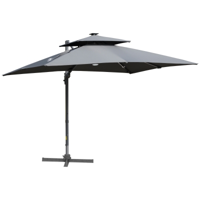 Outsunny 3m Cantilever Parasol, Outdoor Offset Patio Umbrella, Solar LED Lighted Hanging Sun Shade Canopy with Tilt and Crank Handle, Cross Base for Lawn, Beach and Poolside, Grey