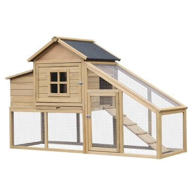 PawHut Chicken Coop, Hen House, Wooden Poultry Habitat with Outdoor Run, Nesting Box, Slide Out Tray, Lockable Doors, Ramp, Window, 176 x 66 x 110cm, Natural