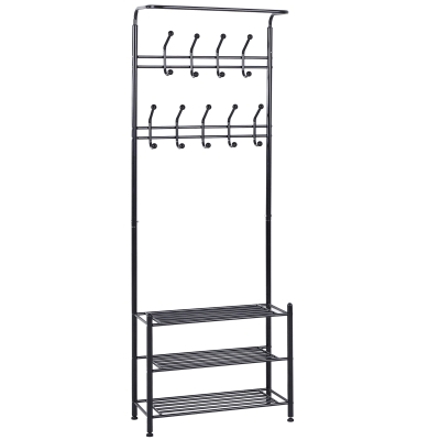 HOMCOM 18 Hook Metal Frame Hallway Coat Hanger w/ 3 Tier Shoe Storage Black
