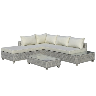 Outsunny 5-Seater Outdoor PE Rattan Sofa Set, Patio Wicker Sectional Conversation Aluminium Frame Furniture Set, 4-Level Adjust Backrest Chaise Lounge w/ Padded Cushion, Tea Table, Mixed Grey