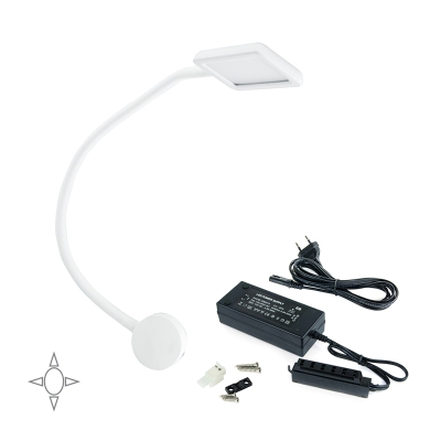 Emuca Applique LED, quadrato, braccio flessibile, sensore touch, 2 USB, Luce bianca naturale, Plastica, Bianco, + Convertitore 30 W