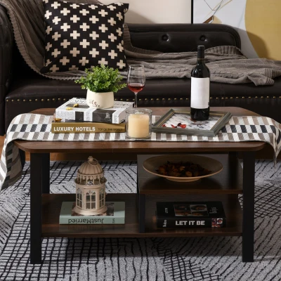 HOMCOM Industrial Coffee Table, Rectangular Sofa Table with Storage Shelves for Living Room, Bedroom, Office, Brown