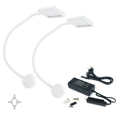 Emuca Applique LED, quadrato, braccio flessibile, sensore touch, 2 USB, Luce bianca naturale, Plastica, Nero, + Convertitore 50 W, 2 u.