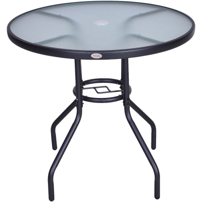 Outsunny Outdoor D80cm Round Dining Table Tempered Glass Top Steel Frame Bistro Coffee End Side Table Garden w/ Parasol Hole