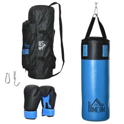 HOMCOM Saco de Boxe Profissional Puching Bag com Luvas de 8 oz Gancho e Bolsa de Armazenamento Saco de Areia de Treinamento para Adultos e Adolescentes Ø25x102 cm Azul