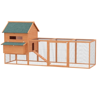 PawHut Gallinero de Exterior Madera Jaula para Gallinas Pollos con Recinto Corredor 2 Nidos y Bandeja Extraíble para Jardín 347x160x150 cm Naranja