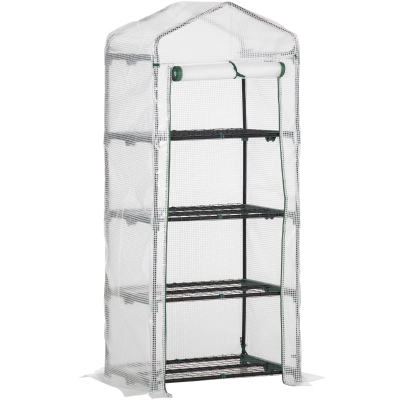 Outsunny Invernadero de Jardín con 4 Estantes y Cubierta de PE Tipo Caseta de Tubo Acero Vivero Casero para Cultivo de Plantas Flores Macetas 69x50x160 cm Blanco