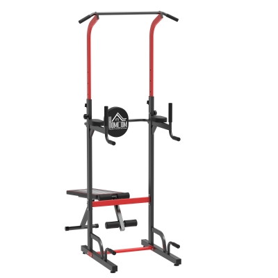 HOMCOM Multiestación Musculación Multifuncional Plegable con Banco Acolchado Altura Ajustable en 6 Niveles Acero 94x174x180-230 cm Negro y Rojo