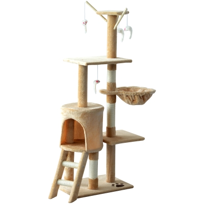 PawHut Árbol para gatos Rascador de Gatos Barato Rascador Grande con Nidos Plataformas Casetas Ratón de Juego 50x35x134,2 cm Cubierto de Felpa Beige