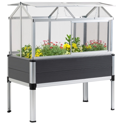 Outsunny Huerto Urbano Elevado 113,5x61x128,5 cm con Cubierta de Policarbonato con Techos Abatibles y Ventanas Correderas Marco de Aluminio y PVC para Plantas Flores Gris