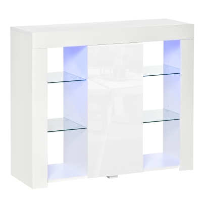 HOMCOM Aparador Moderno con Luces LED Mueble Buffet con 1 Puerta de Alto Brillo Cierre a Presión Estantes Ajustables y Control Remoto 97x35x83 cm Blanco