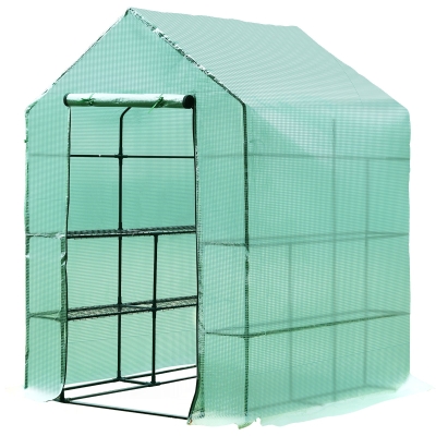 Outsunny Invernadero de Jardín Tipo Caseta Vivero Casero de Acero con 2 Niveles 4 Estantes y Puerta Enrollable para Cultivos Plantas Macetas Flores 143x143x195 cm Verde