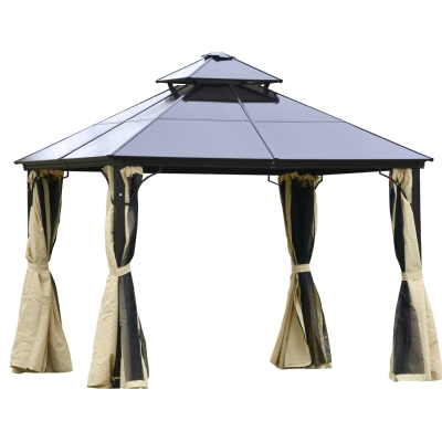 Outsunny Cenador 3x3 m con Doble Techo de Policarbonato y 4 Cortinas 4 Mosquiteras con Cremallera Marco de Aluminio Exterior Fiestas Beige y Negro
