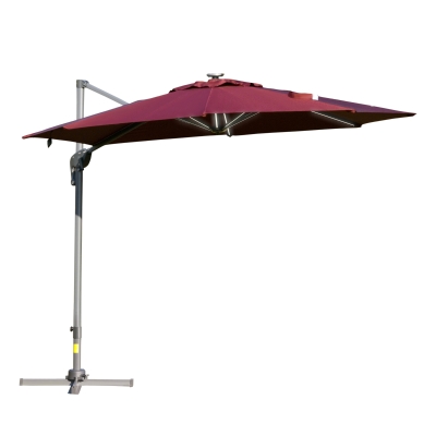 Outsunny Sombrilla de 300 cm de Aluminio Luces LED Protección UV 50+ Giratorio 360° con Manivela Panel Solar Techo Reclinable Base Cruzada Rojo