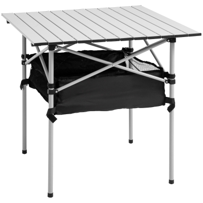 Outsunny Aluminum Roll-Top Table w/ Mesh Bag Camping Outdoor Dining Foldable w/ Steel Frame Picnic Lightweight Hiking Furniture Desk, Silver Black