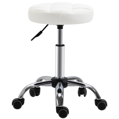 HOMCOM Taburete Giratorio con Ruedas Regulable en Altura de 48-63 cm Taburete de Trabajo Tapizado en Cuero PU para Peluquería Cosmética Dentista Diámetro Ø35,5 cm Blanco