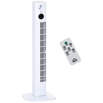 HOMCOM Ventilador de Torre 45W Silencioso con Mando a Distancia 3 Velocidades 3 Modos Oscilación 70° Pantalla LED Táctil Temporizador 12h y Caja de Aromas 31,5x31,5x96 cm Blanco