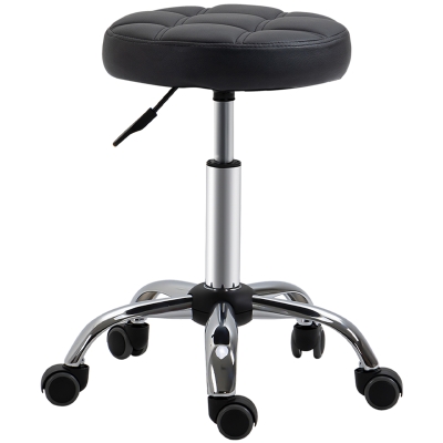 HOMCOM Taburete Giratorio con Ruedas Regulable en Altura de 48-63 cm Taburete de Trabajo Tapizado en Cuero PU para Peluquería Cosmética Dentista Diámetro Ø35,5 cm Negro