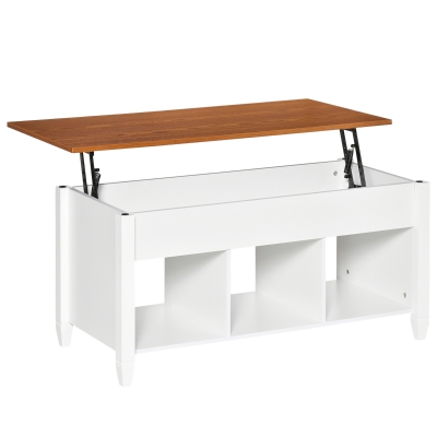HOMCOM Mesa de Centro Elevable Mesa de Café con 3 Compartimentos Abiertos Mesa Rectangular Moderna para Salón Comedor 105x50x48 cm Blanco y Marrón
