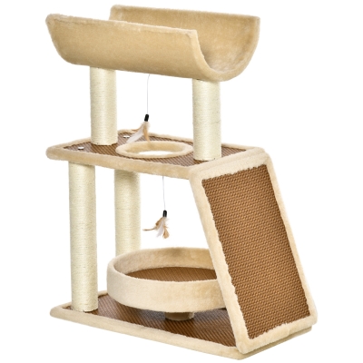 PawHut Árbol Rascador para Gatos 60x30x76 cm con Cama de Lino Postes Rascadores de Sisal Natural Plataforma Tipo Túnel Rampa y Juguetes Colgantes Beige y Marrón