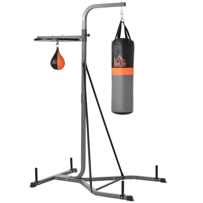 HOMCOM Saco de Boxeo Colgante con Soporte con Bola de Velocidad Ajustable en Altura de 167-187 cm e Inflador para Ejercicios Fitness en Casa Gimnasio 115x157x221 cm Negro y Gris