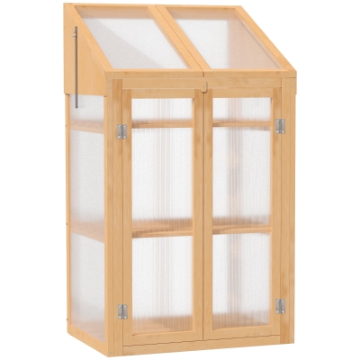 Outsunny Wooden Greenhouse, Cold Frame Grow House with Polycarbonate Semi Transparent Glazing, Openable Lid and Double Door for Flower, Vegetable and Plants, 70 x 50 x 120cm, Brown