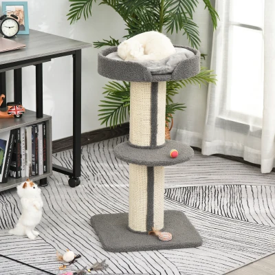 PawHut kattenboom speelboom krabpaal met platform sisal pluche grijs