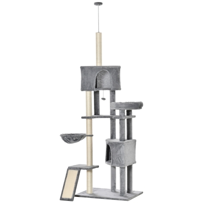 PawHut Árbol Rascador para Gatos de 240-270 cm Rascador de Suelo a Techo con 2 Cuevas Cama Hamaca Rampa Postes Escaladores de Sisal Natural y Bola Colgante Gris