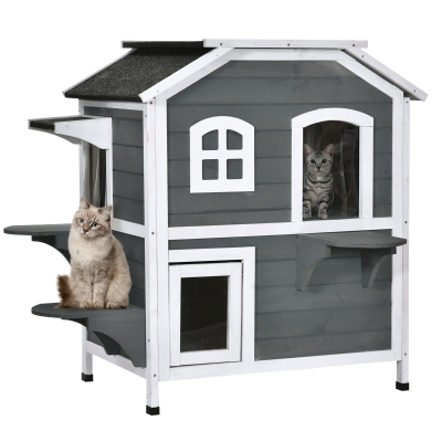 PawHut kattenhuis voor buiten kattenhut met 2 verdiepingen kattenvilla, asfaltdak, massief hout grijs