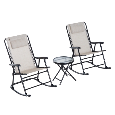 Outsunny 3 Piece Outdoor Rocking Bistro Set, Patio Furniture Set with 2 Folding Chairs and 1 Tempered Glass Table, Beige