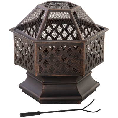 Outsunny Outdoor Fire Pit with Screen Cover, Portable Wood Burning Firebowl with Poker for Patio, Backyard, Bronze