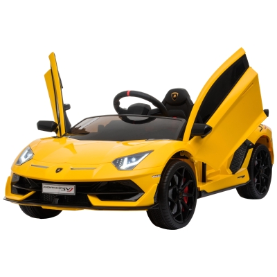 HOMCOM Coche Eléctrico para Niños de +3 Años Lamborghini SVJ Batería 12V con Mando a Distancia Velocidad de 3-5 km/h Música y Faros Carga 25 kg 123x66,5x45,5 cm Amarillo
