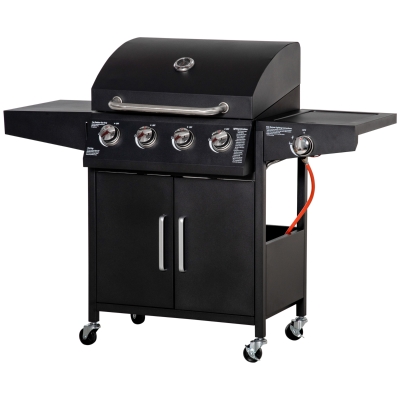 Outsunny 4+1 BBQ-Gasgrill mit 4 Brennern und 1 Seitenbrenner Karbonstahl Schwarz 132 x 55 x 109 cm