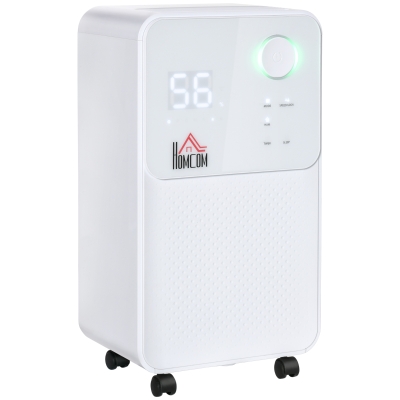 HOMCOM Deshumidificador Eléctrico 2000 ml 12L/Día con 4 Modos 2 Velocidades Pantalla LED Luces Indicadoras Temporizador y Ruedas Silencioso para Hogar 28x20x50,5 cm Blanco
