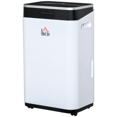 HOMCOM Deshumidificador Eléctrico 6,5 Litro 20L/Día con 3 Modos 2 Velocidades Pantalla LED Luces Indicadoras Temporizador y Ruedas Silencioso para Hogar 34x24x57 cm Blanco