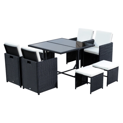Outsunny Conjunto de Muebles de Jardín Comedor 9 Piezas de Ratán Apilables con Cojines para Terraza 1 Mesa 4 Sillas y 4 Taburetes de Exterior Elegante Negro