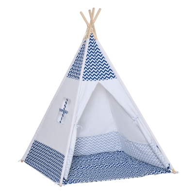 HOMCOM Tienda de Campaña para Niños de +3 Años Tipi Infantil de Madera Portátil con Ventana Colchoneta y Bolsa de Transporte para Interiores y Exteriores 120x120x155 cm Azul