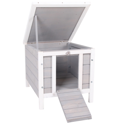 PawHut Conejera de Madera Exterior Jaula Caseta para Roedores Mascotas Pequeñas con Techo Asfáltico Abatible y Rampa Antideslizante 42x51x43 cm Gris