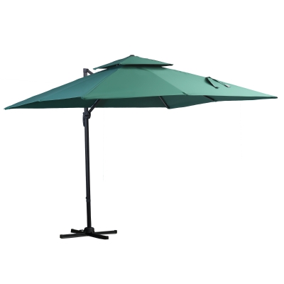 Outsunny Sombrilla de Jardín 300x300 cm Parasol de Aluminio con Manivela Poste Giratorio 360° Doble Techo Inclinable en 6 Posiciones y Base Cruzada Incluida Verde