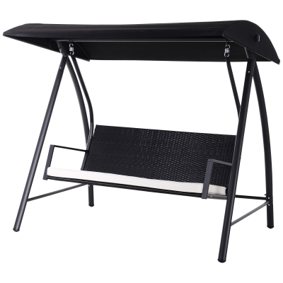 Outsunny Columpio Balancín Jardín de Ratán de 3 Plazas con Techo Ajustable y Cojín Desenfundable con Cremallera para Terraza Balcón Exterior Carga 360 kg 198x124x179 cm Negro