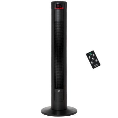 HOMCOM Ventilador de Torre 96 cm 45W con Mando a Distancia 3 Velocidades 4 Modos Oscilación de 70° Pantalla LED Táctil Temporizador 12h Silencioso y Asa de Transporte Negro