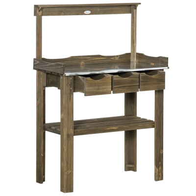 Outsunny Gartentisch mit drei Schubladen und Arbeitsplatte aus Metall, Verkohlt, 78 x 38 x 112 cm