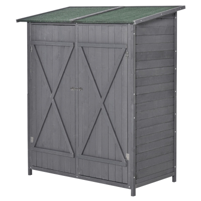 Outsunny gereedschapsschuur met 2 deurs gereedschapskast met asfaltdak Tuin opbergkast anti-dumping design met grondspijkers dennenhout groen + grijs 139 x 75 x 160 cm